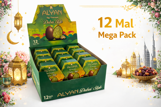 ALYAN Egg Chocolate – Dubai Style
Vollmilchschokoladen-Eier mit Pistazienfüllung & Knafeh (120 g