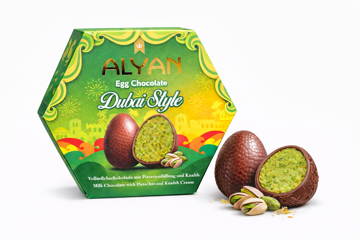 ALYAN Egg Chocolate – Dubai Style
Vollmilchschokoladen-Eier mit Pistazienfüllung & Knafeh (120 g